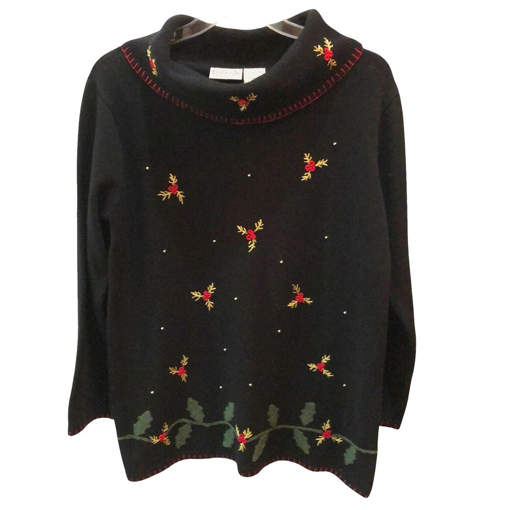 VTG Basic Editions Women XL Black Festive Holly Berry Pullover Christmas Sweater